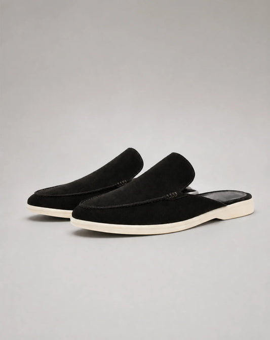Men's black backless suede loafers with slip-on design and modern summer style by ILYNORA