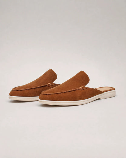 Men's brown suede slip-on loafers with backless construction and versatile style by ILYNORA