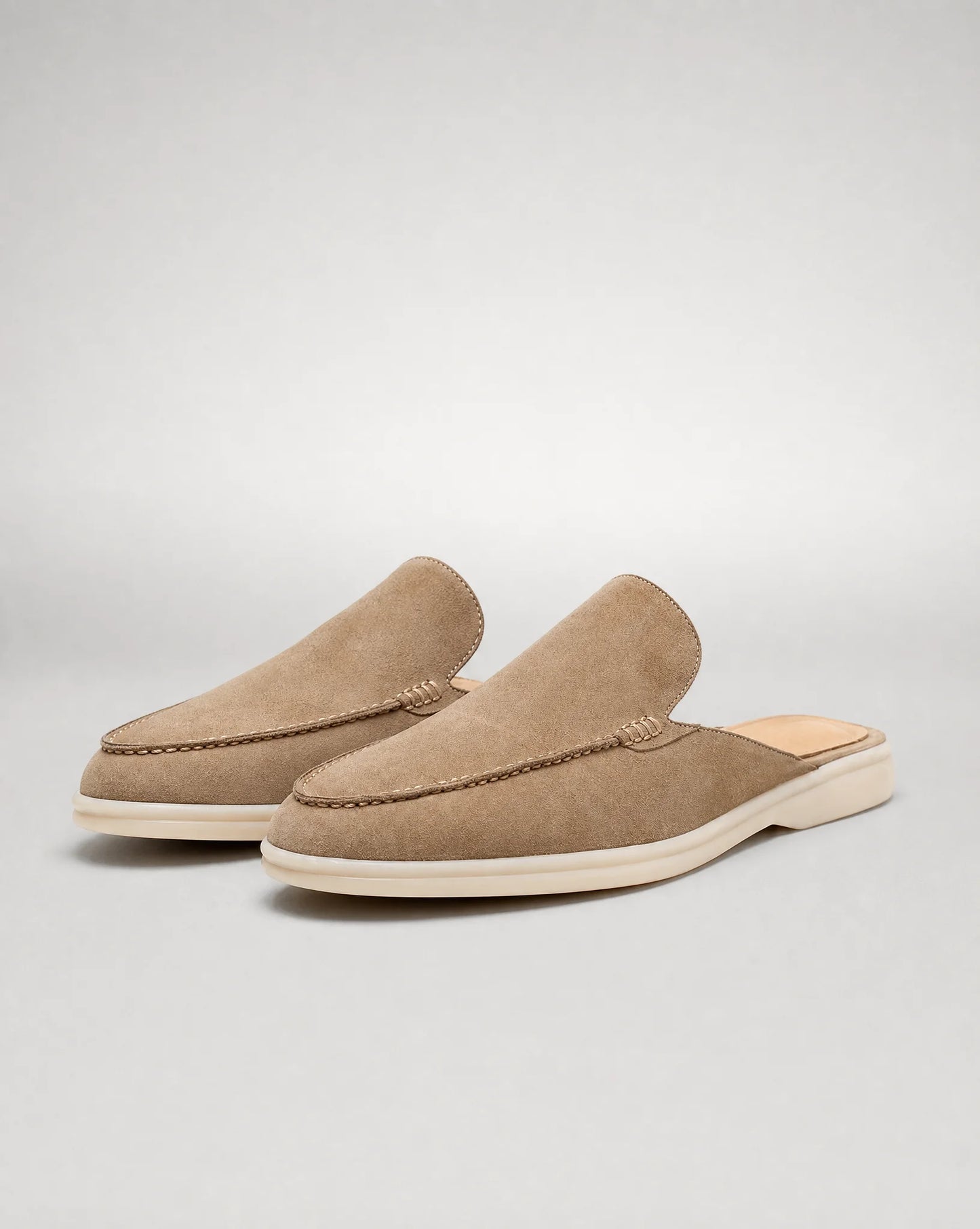Men's khaki suede slip-on loafers with open heel and relaxed summer style by ILYNORA