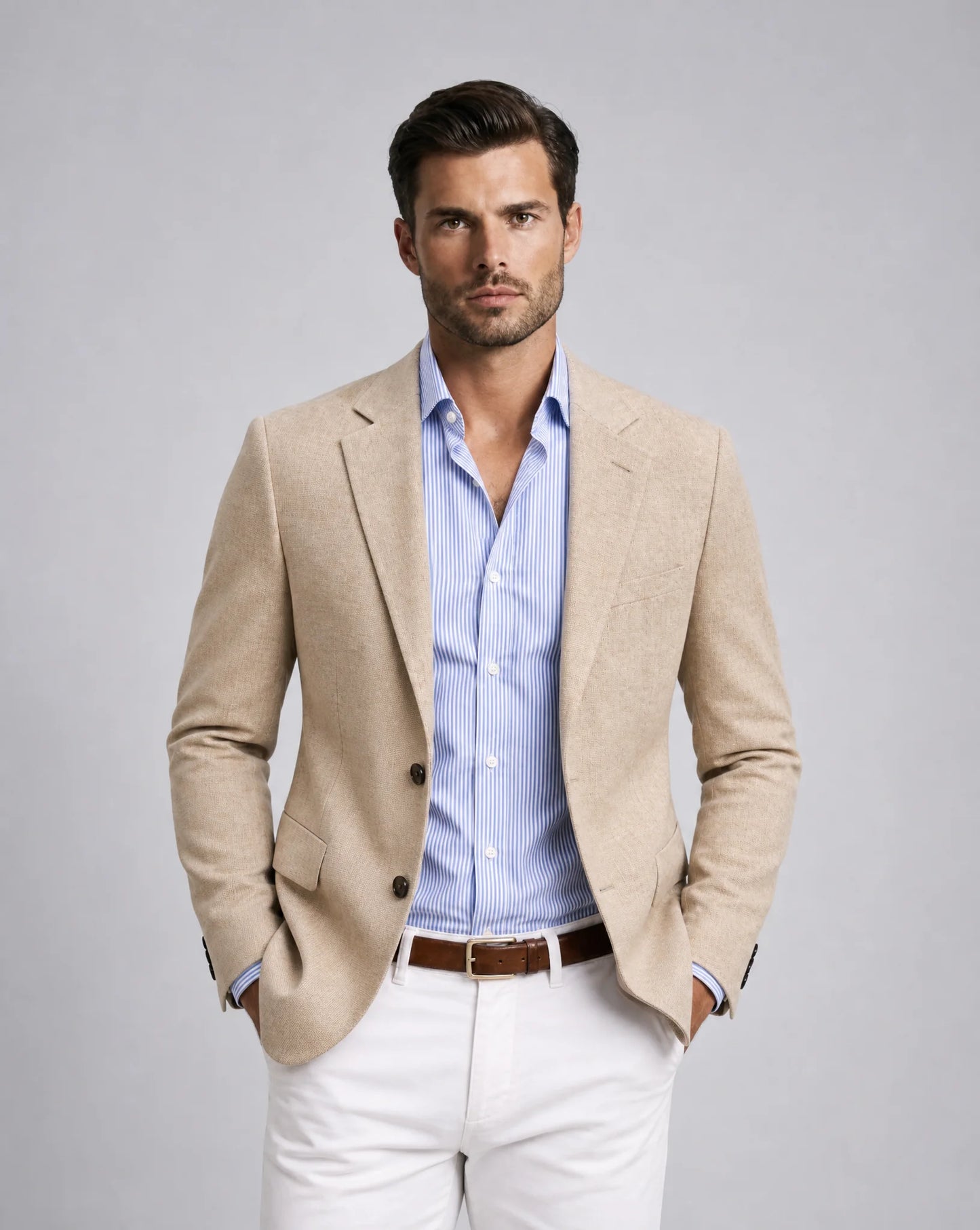 Men's beige knit blazer with notch lapel, single-breasted front and lightweight smart-casual tailored fit by ILYNORA