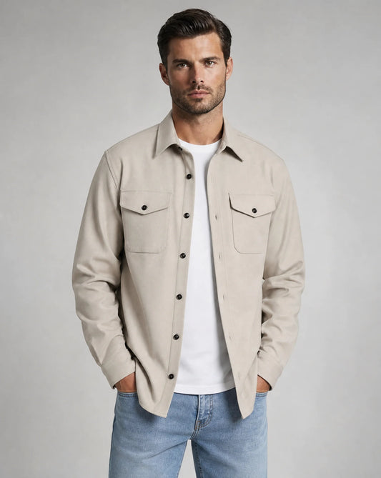 Men's beige overshirt jacket with chest pockets, button front, lightweight fabric and versatile smart-casual styling by ILYNORA