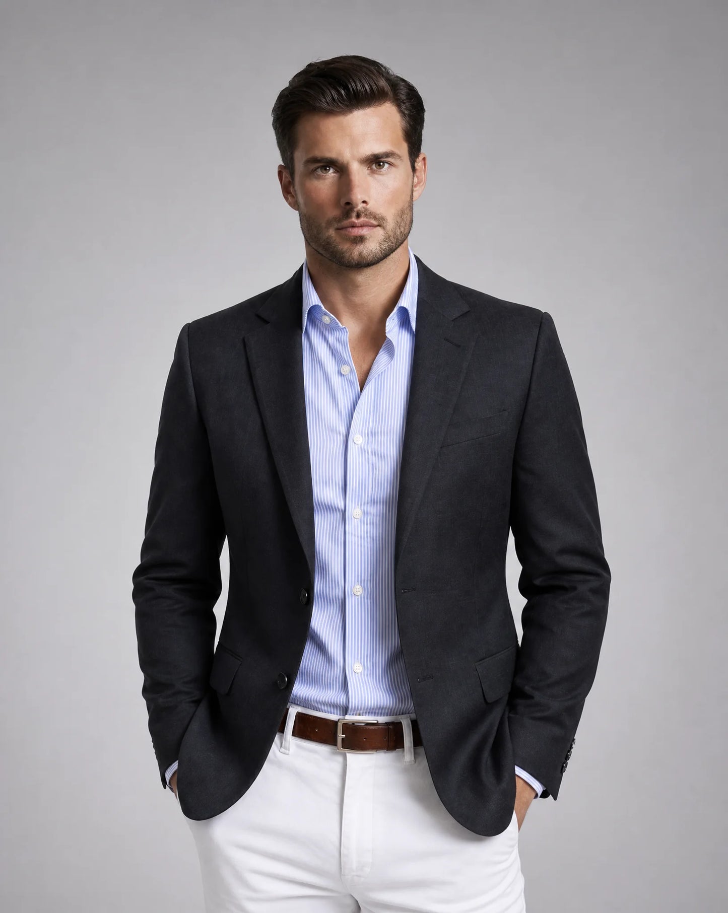 Men's black knit blazer with notch lapel, single-breasted closure and elegant tailored silhouette by ILYNORA