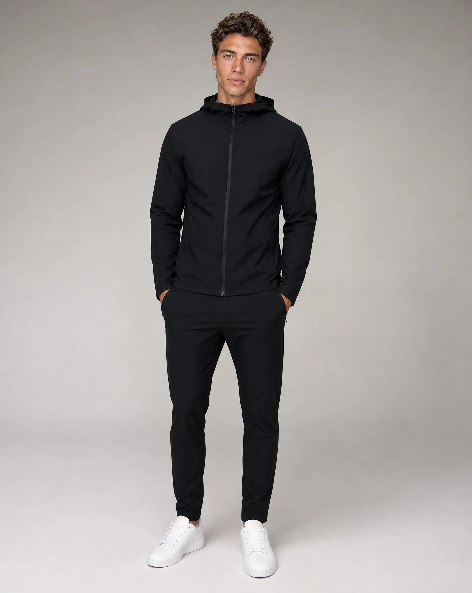 Men's black premium technical pants styled with matching technical jacket, soft shell fabric and athletic fit by ILYNORA
