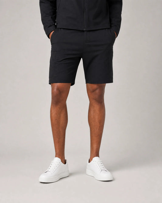 Men's black premium technical shorts with soft shell stretch fabric, drawstring waist and athletic fit by ILYNORA
