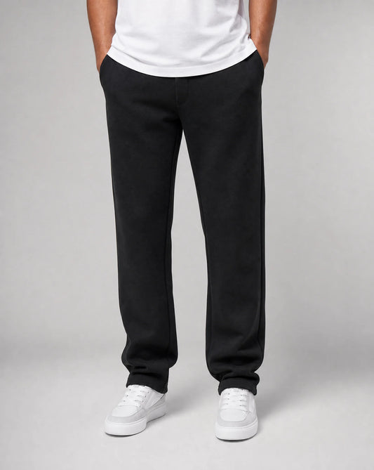 Men's black relaxed fit open hem joggers with heavyweight brushed fleece cotton and elastic waistband by ILYNORA