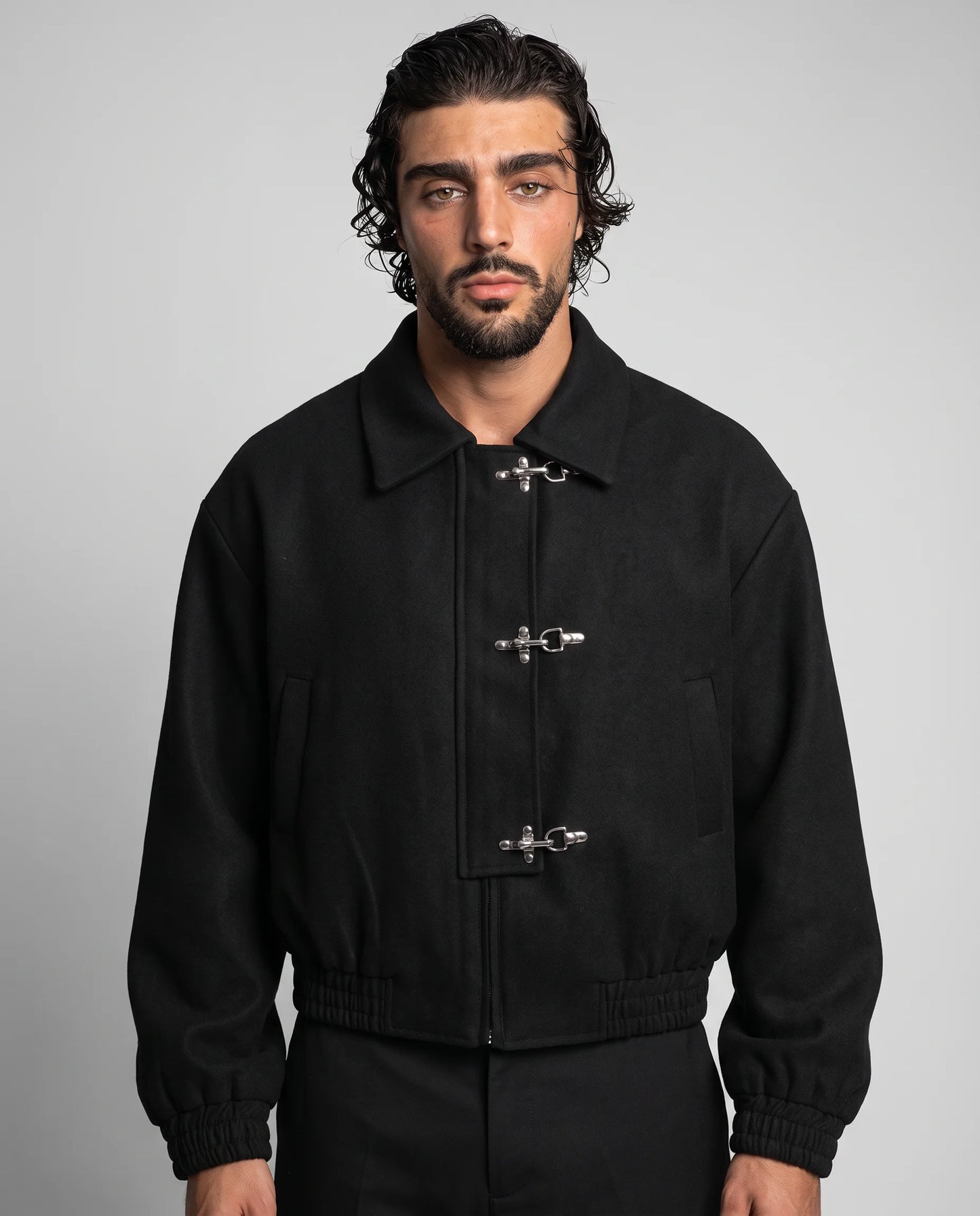Men's Black Toggle Buckle Cropped Jacket