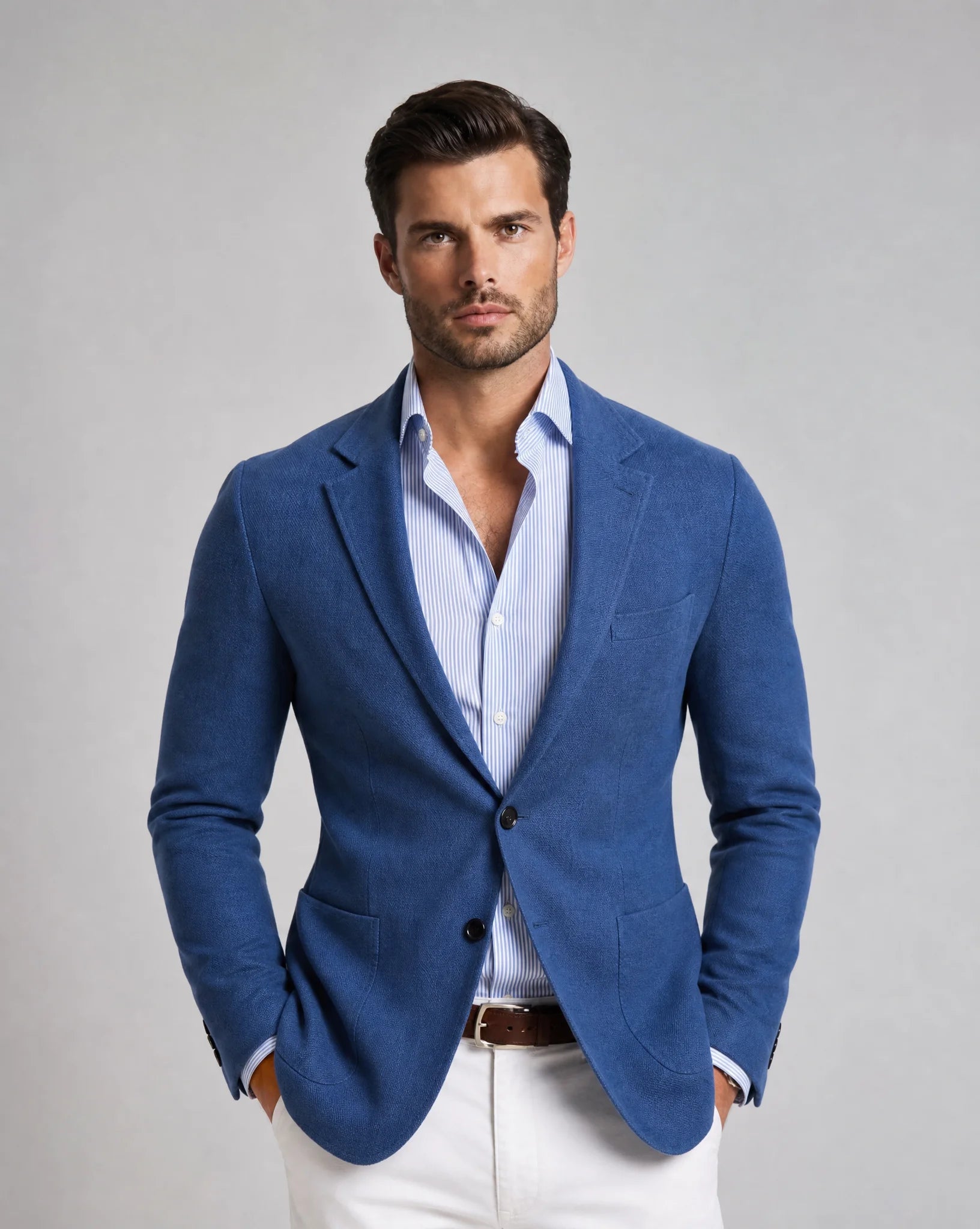 Men's blue knit blazer with notch lapel, single-breasted design, patch pockets and smart-casual tailored fit by ILYNORA