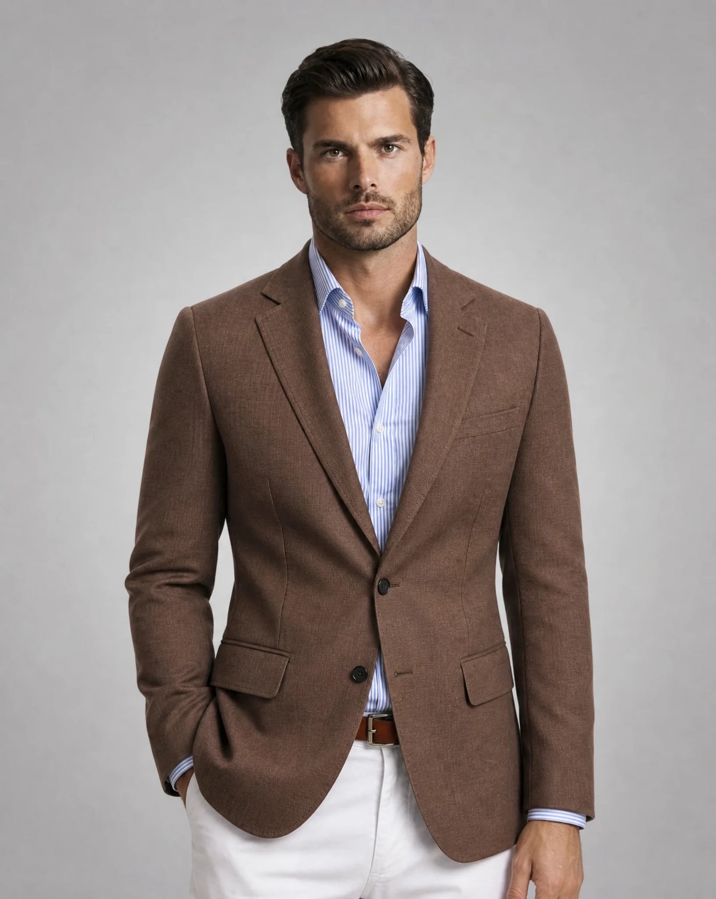 Men's brown knit blazer with classic notch lapel, structured tailoring and comfortable stretch fabric by ILYNORA