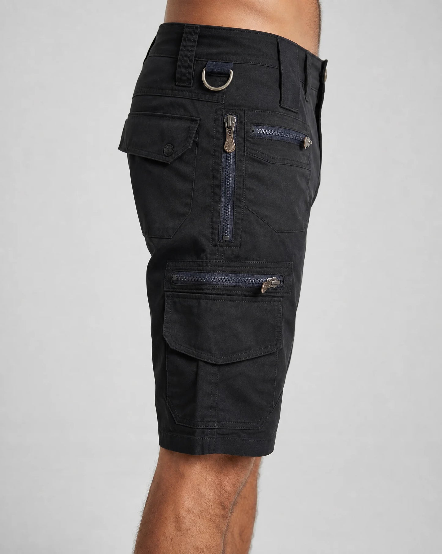 Men's black cargo shorts with multiple zip pockets and functional outdoor design by ILYNORA