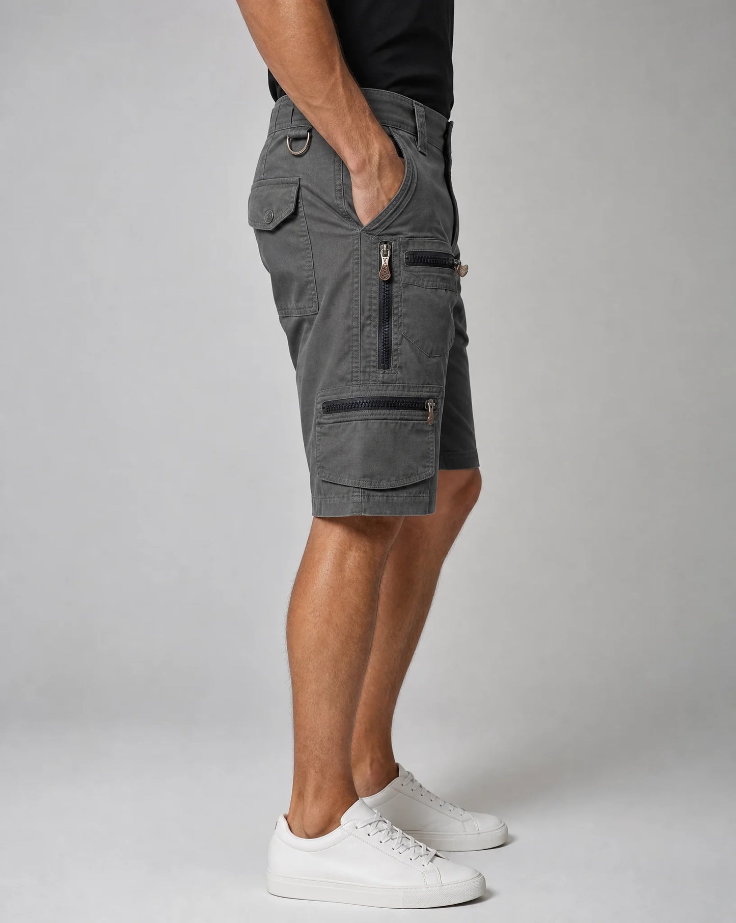 Men's grey cargo shorts with zip pockets and durable everyday utility style by ILYNORA