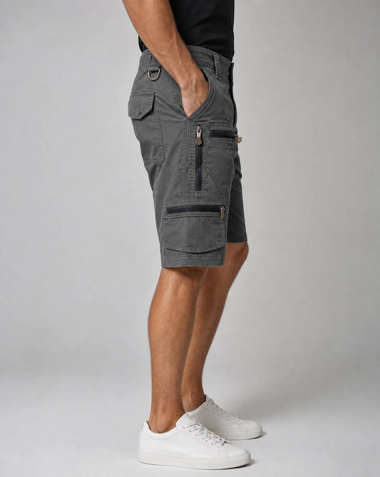Men's grey cargo shorts with zip pockets and durable everyday utility style by ILYNORA