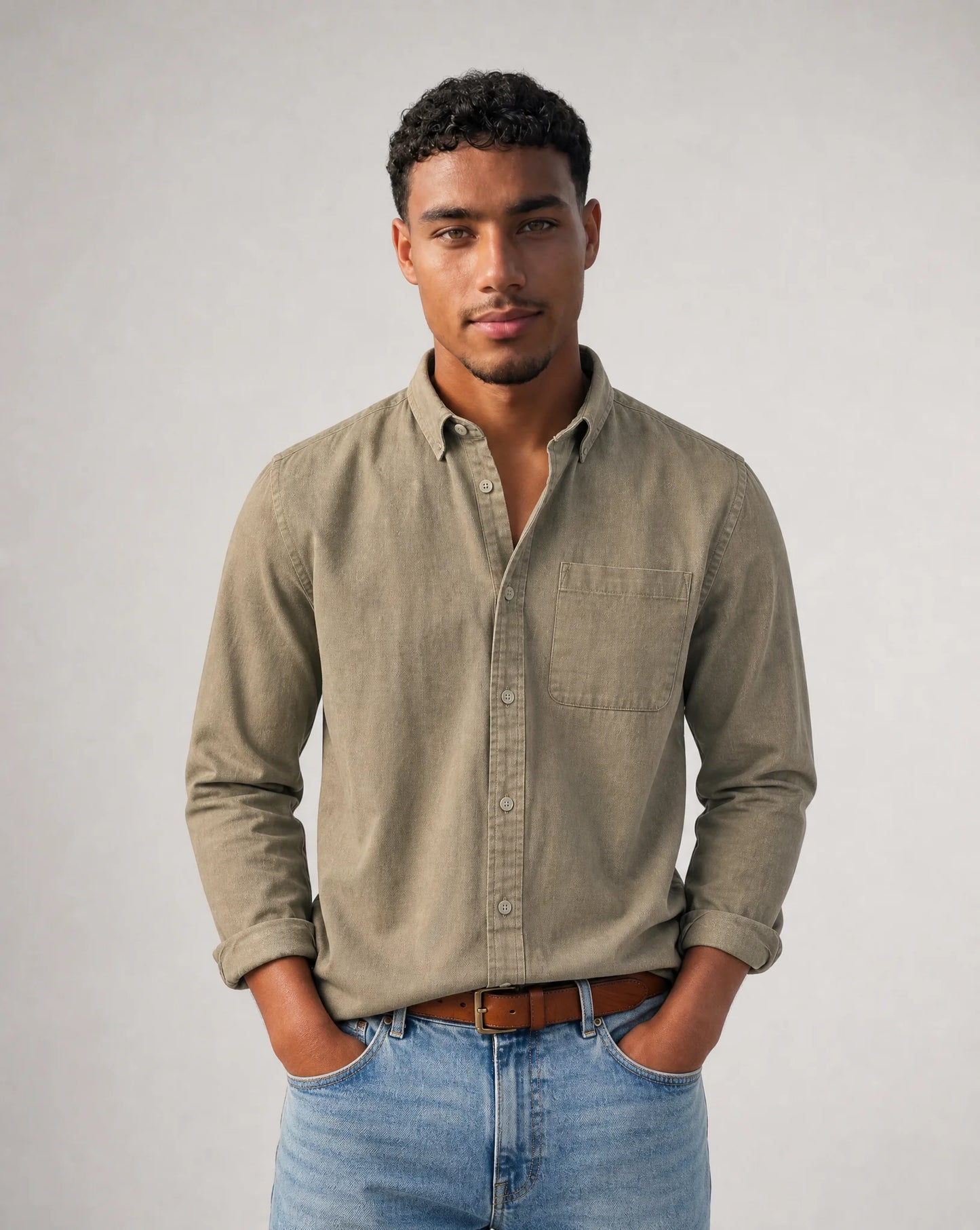Men's beige casual button down shirt with relaxed fit and timeless wardrobe styling by ILYNORA