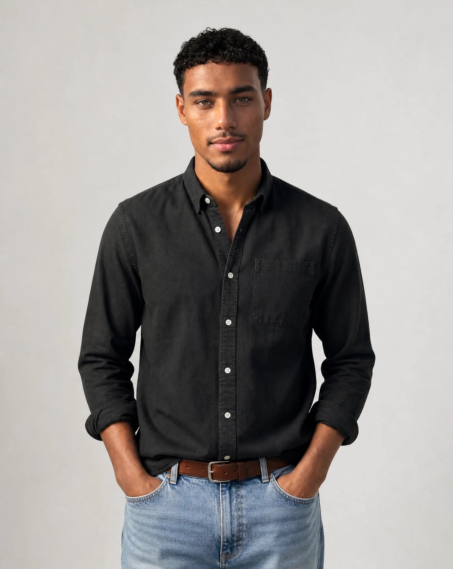 Men's black casual button down shirt with clean tailoring and smart casual styling by ILYNORA