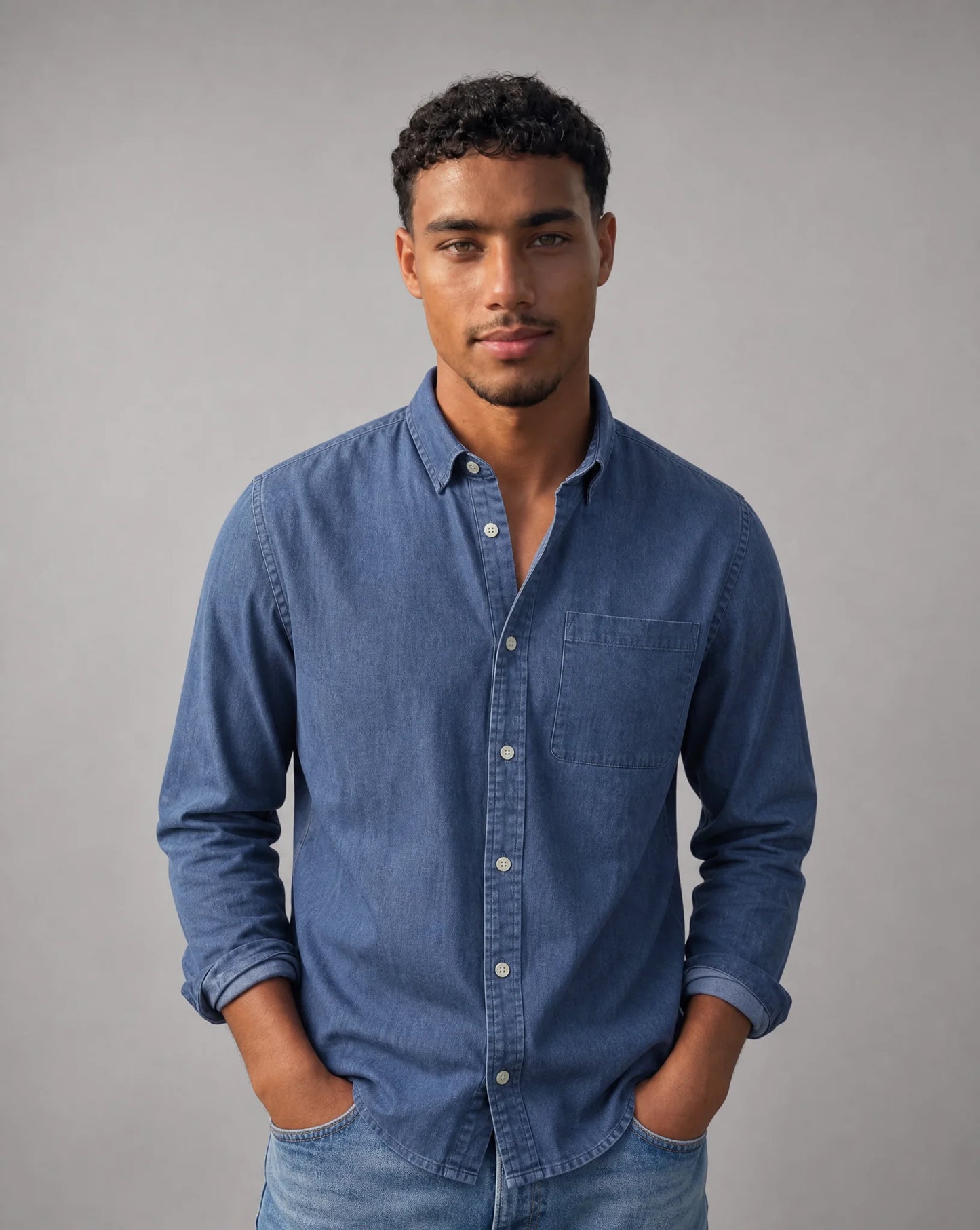 Men's blue casual button down shirt with long sleeves and versatile smart casual look by ILYNORA