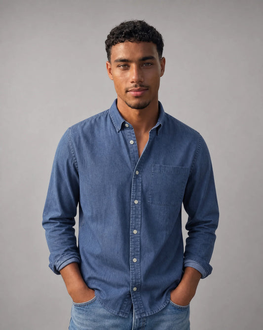 Men's blue casual button down shirt with long sleeves and versatile smart casual look by ILYNORA