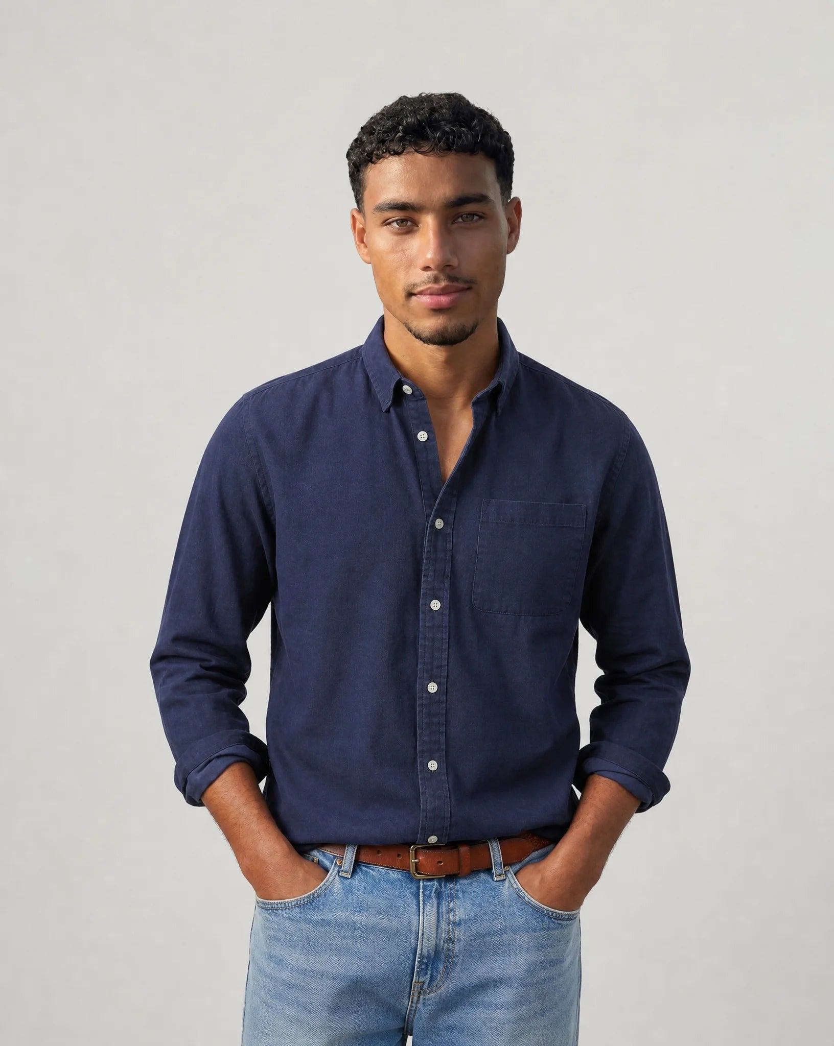 Men's dark blue casual button down shirt with classic collar and relaxed everyday styling by ILYNORA