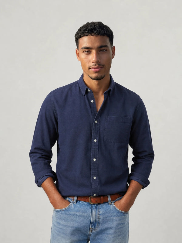 Men's dark blue casual button down shirt with classic collar and relaxed everyday styling by ILYNORA