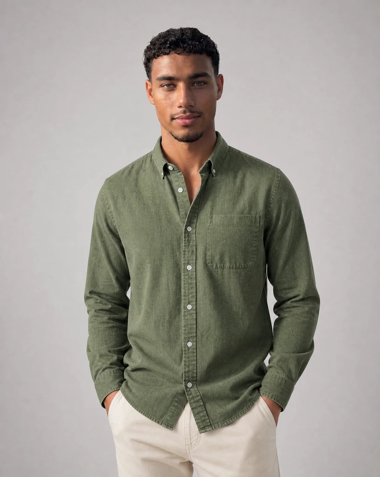 Men's green casual button down shirt with relaxed fit and versatile everyday wear by ILYNORA