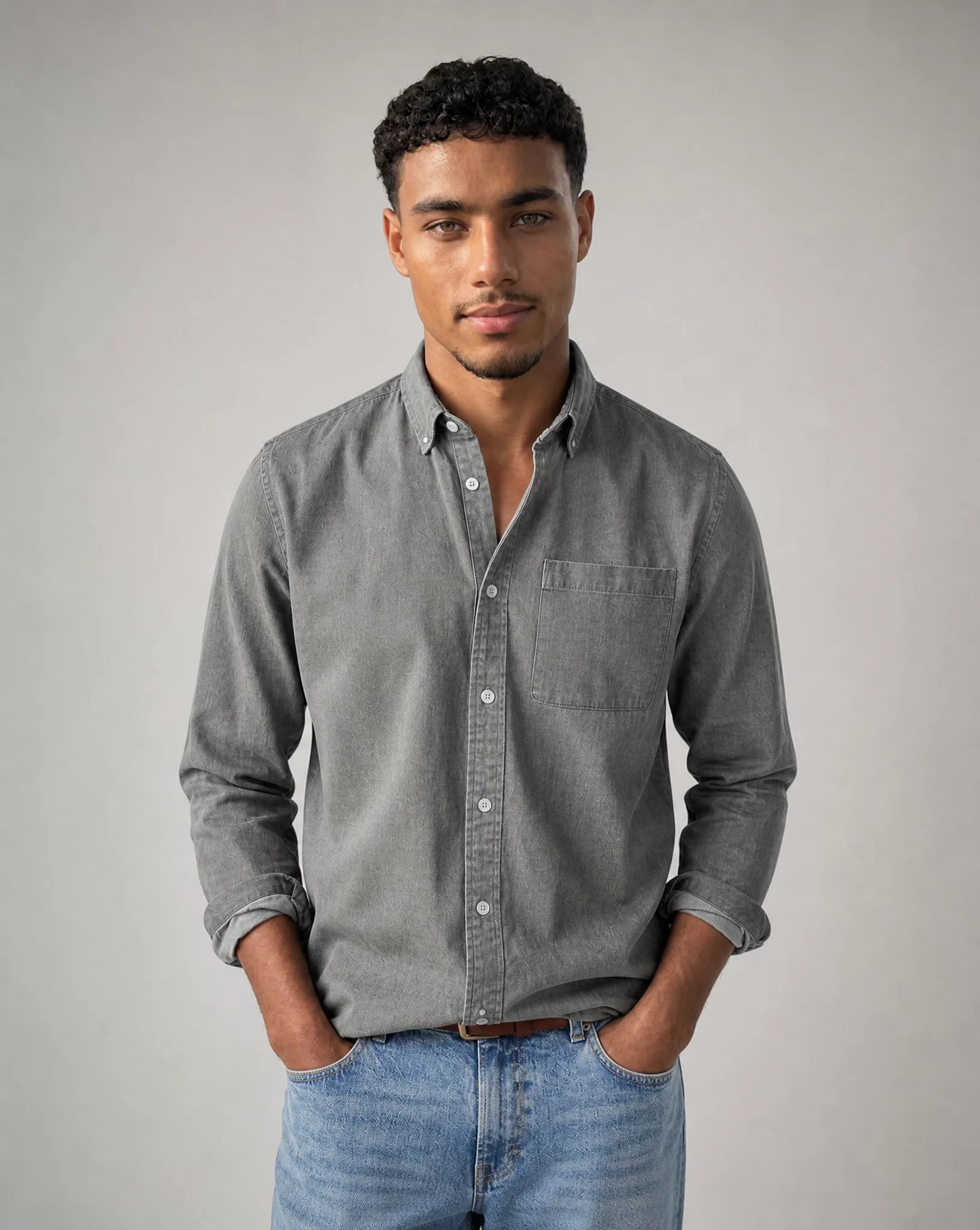 Men's grey casual button down shirt with chest pocket and modern everyday style by ILYNORA