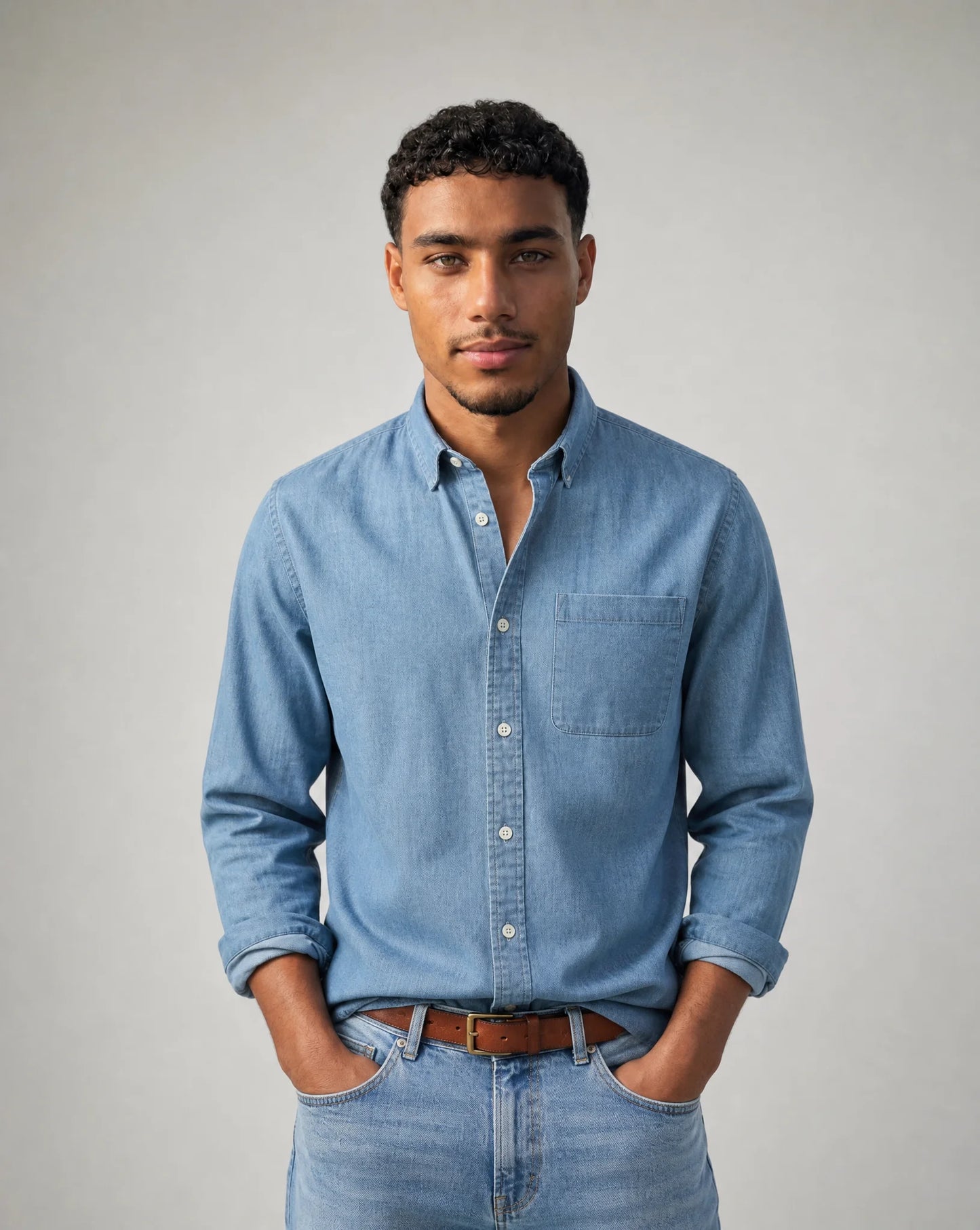 Men's light blue casual button down shirt with classic collar and versatile styling by ILYNORA