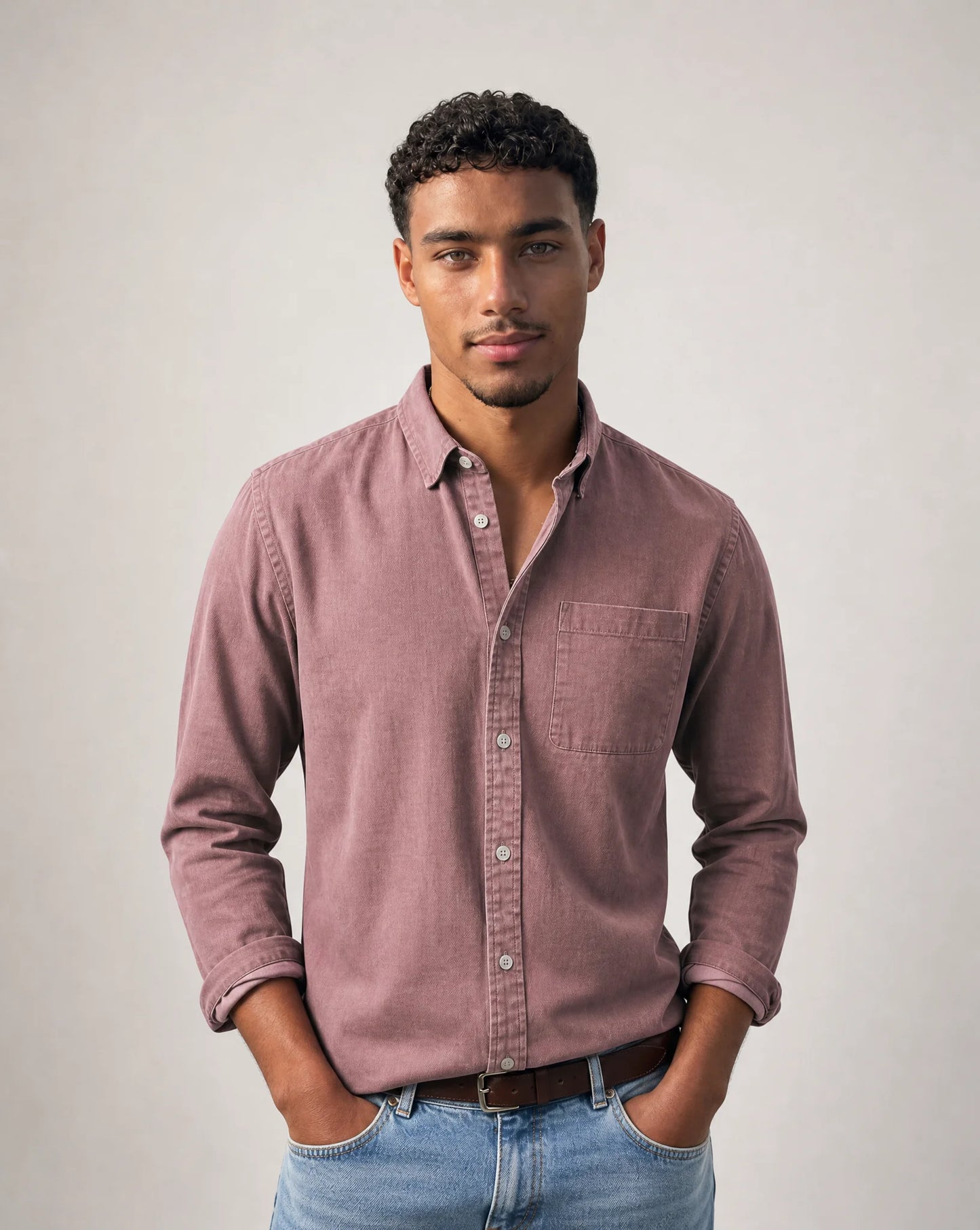 Men's pink casual button down shirt with relaxed fit and modern smart casual appeal by ILYNORA