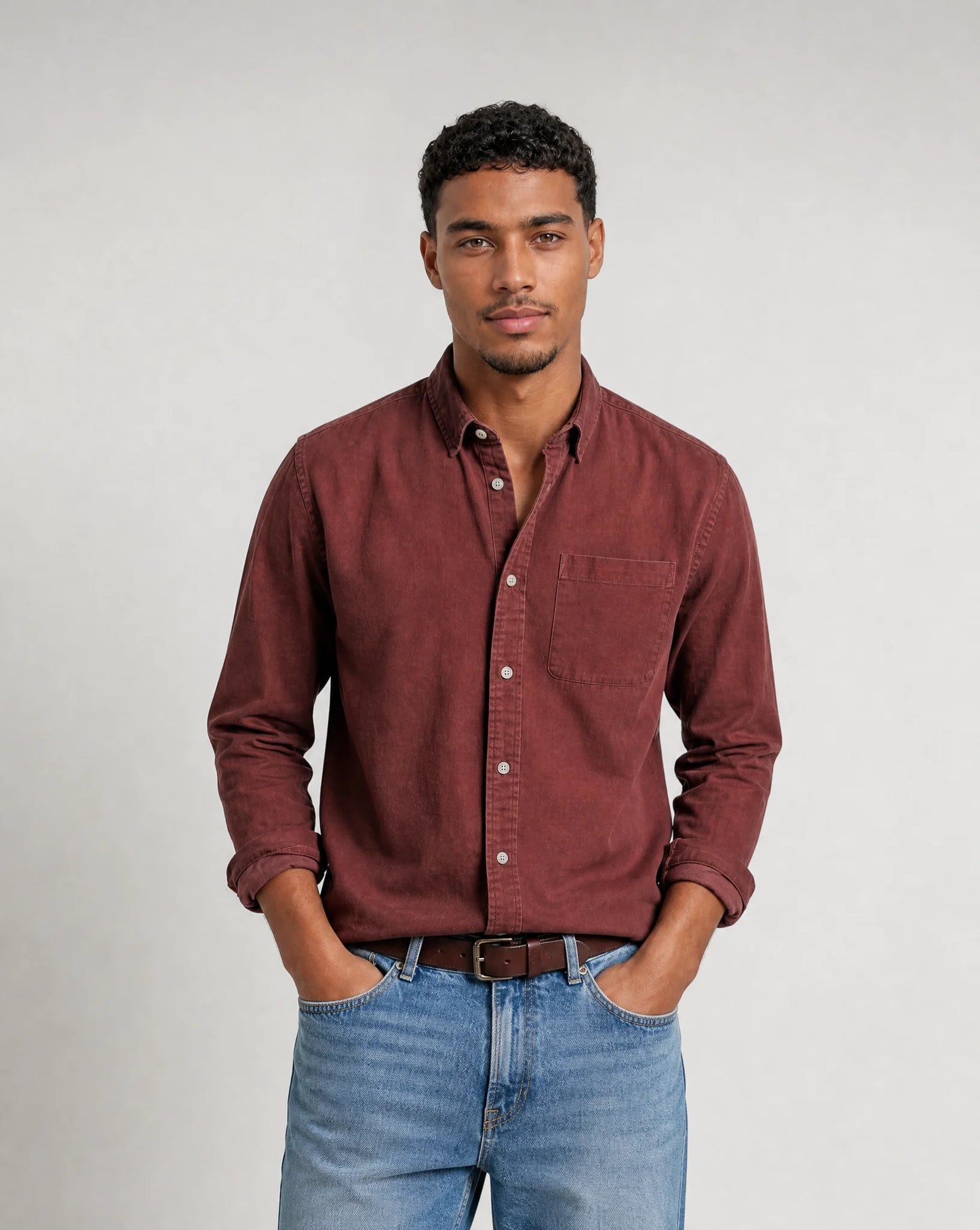 Men's red casual button down shirt with long sleeves and refined everyday styling by ILYNORA