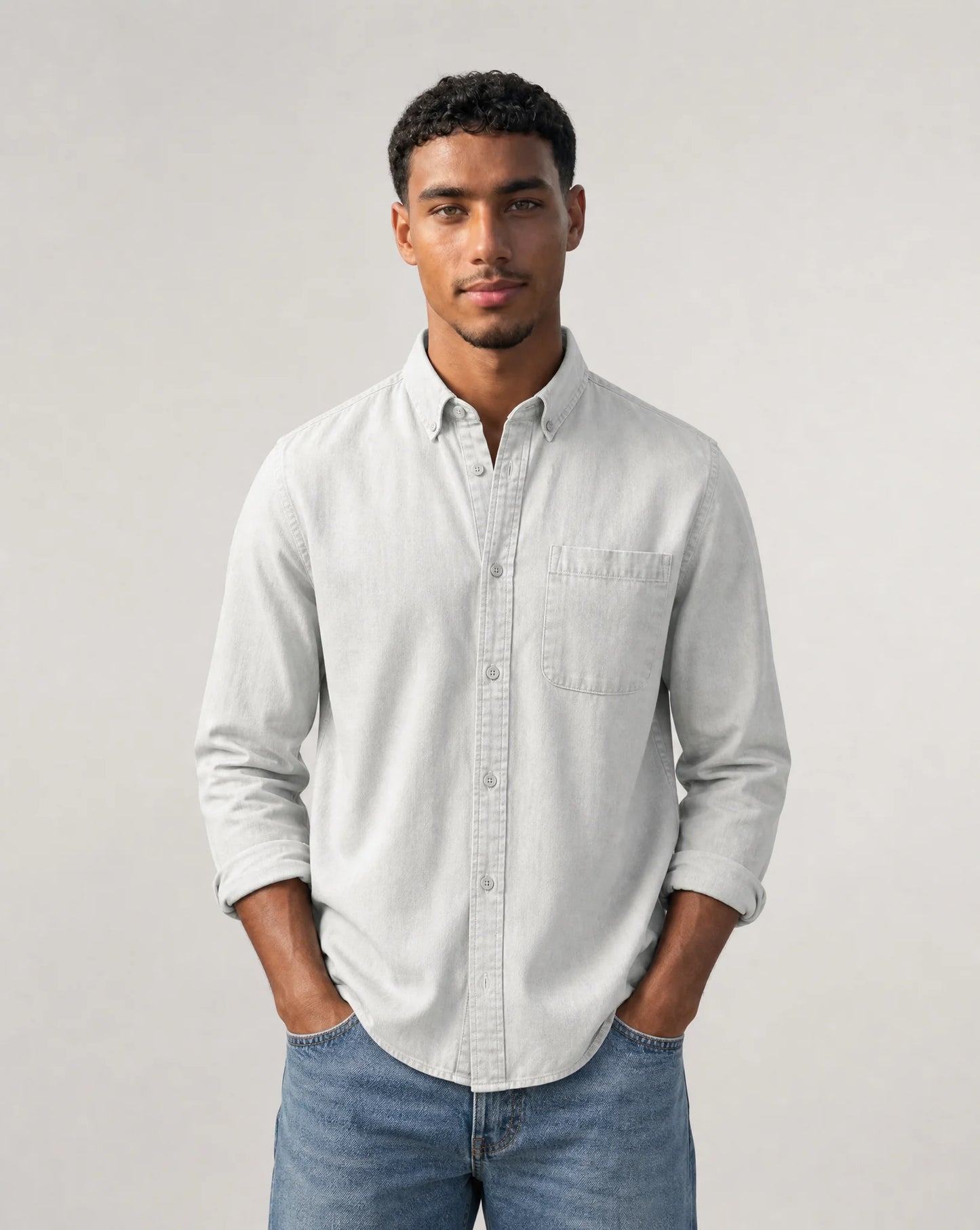 Men's white casual button down shirt with classic design and effortless smart casual look by ILYNORA