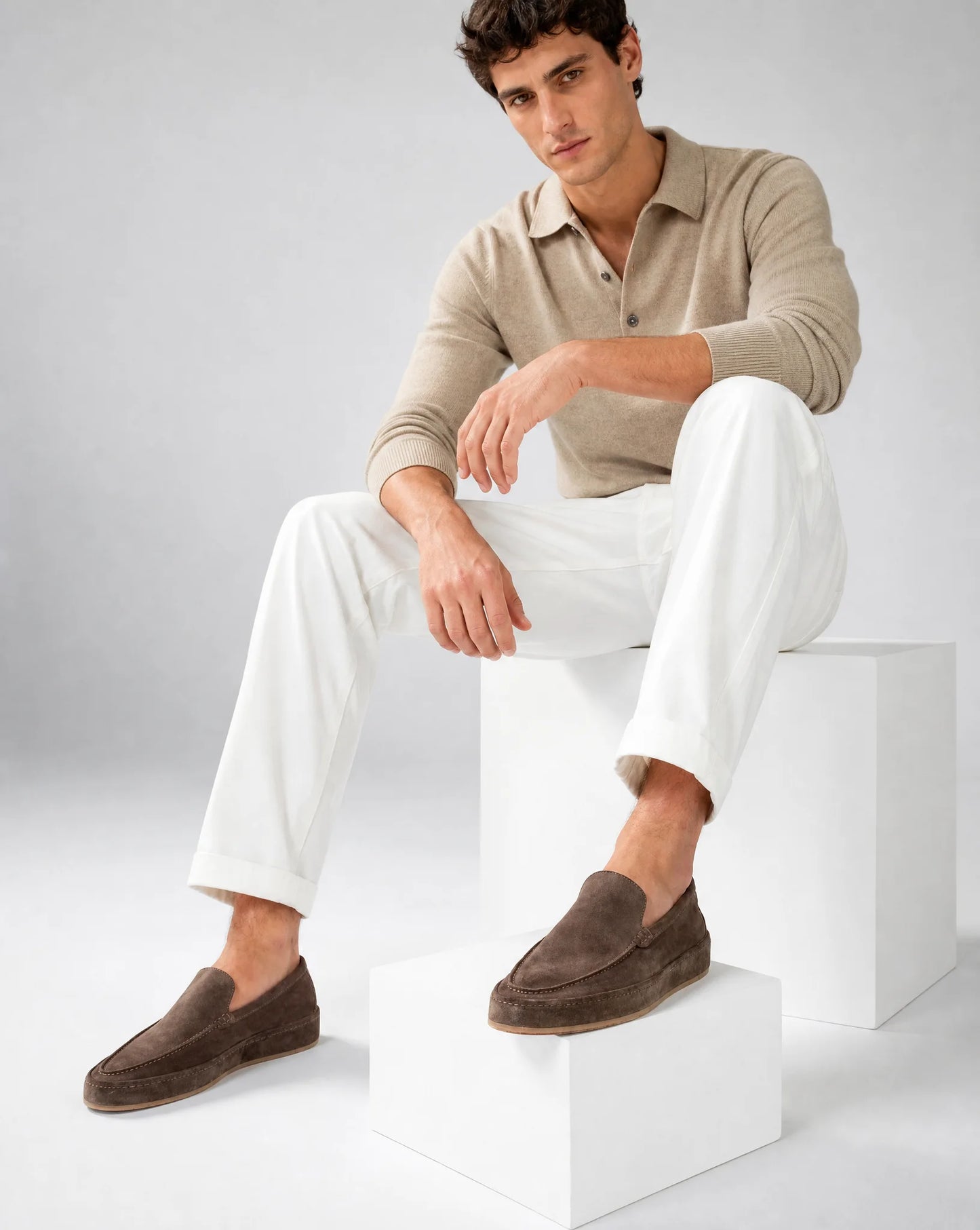 Men's brown suede loafers paired with linen trousers for effortless summer styling by ILYNORA