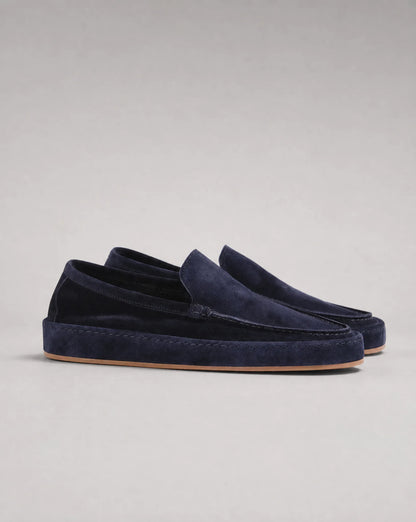 Men's navy suede loafers with classic slip on silhouette and sophisticated style by ILYNORA