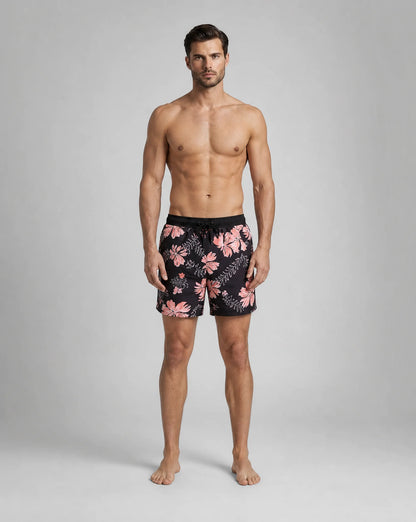 Men's black orange compression lined swim shorts with vibrant beach pattern by ILYNORA