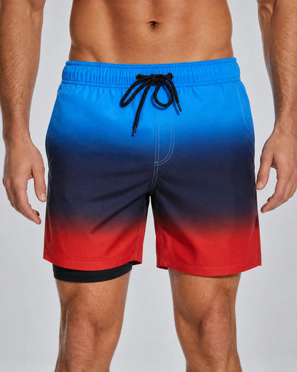 Men's gradient swim shorts with compression liner and sunset inspired colours by ILYNORA