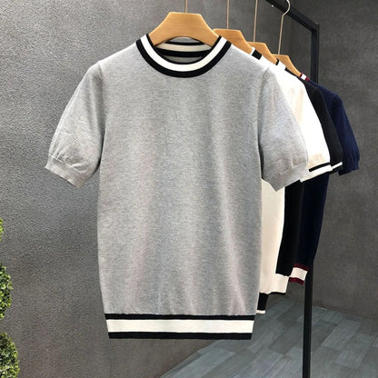 Men's Contrast Stripe Crewneck Short-Sleeve Knit Top