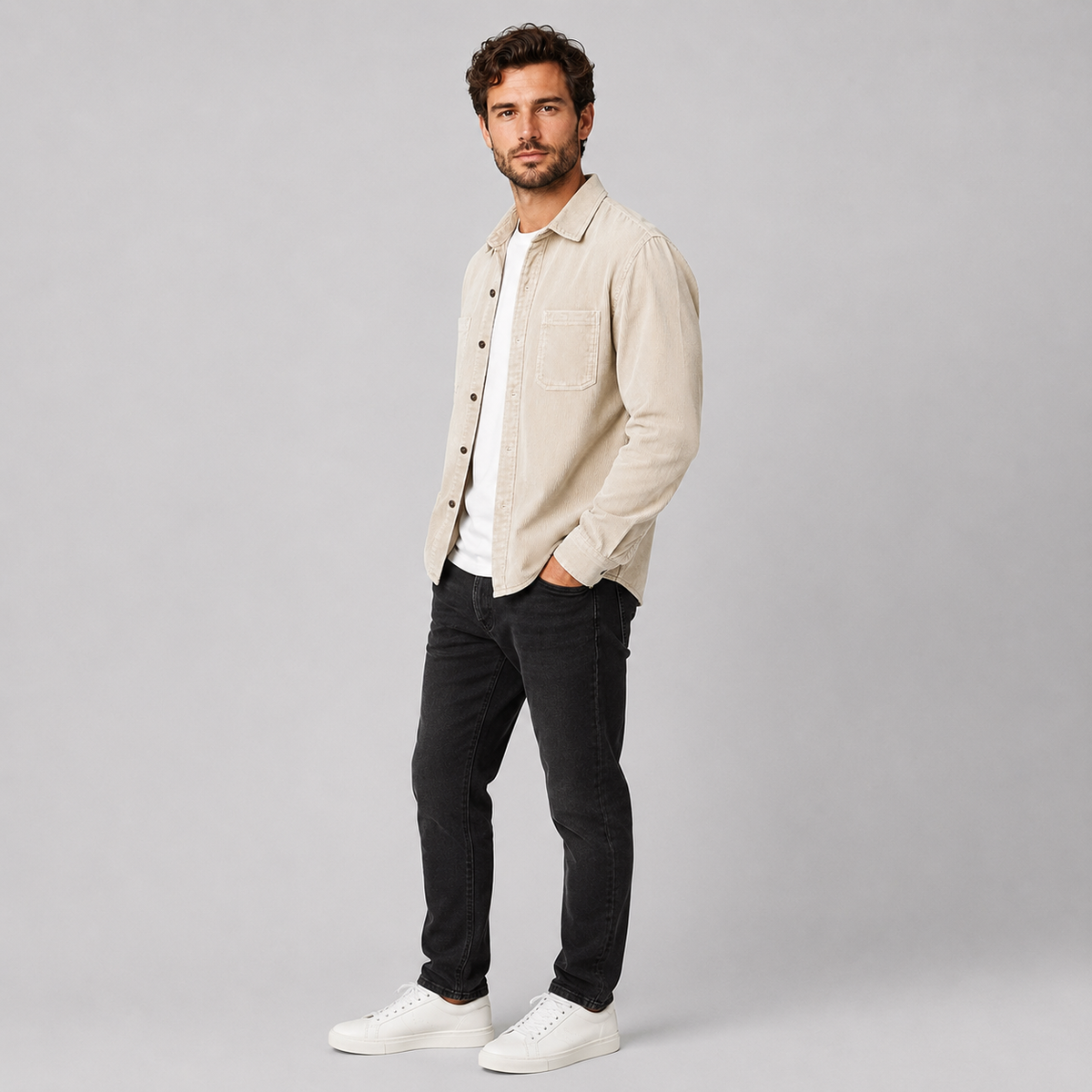 Men's Corduroy Shacket with Lapel Collar