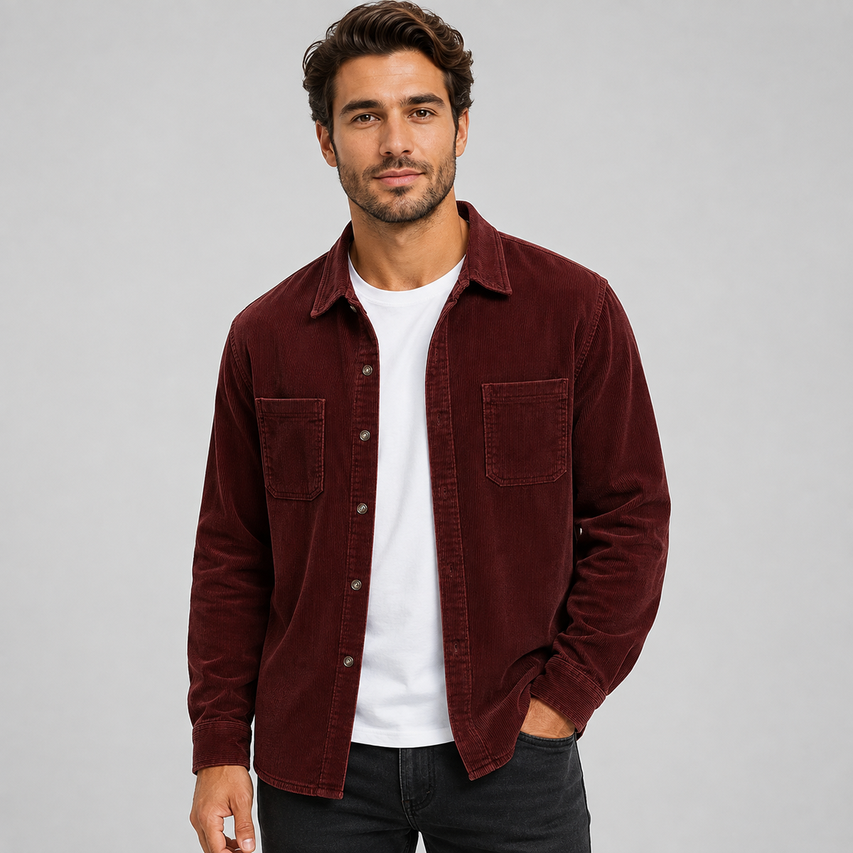 Men's Corduroy Shacket with Lapel Collar