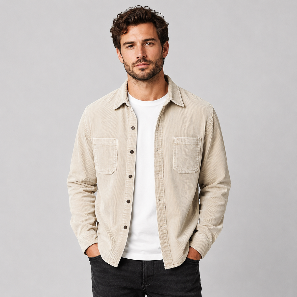 Men's Corduroy Shacket with Lapel Collar