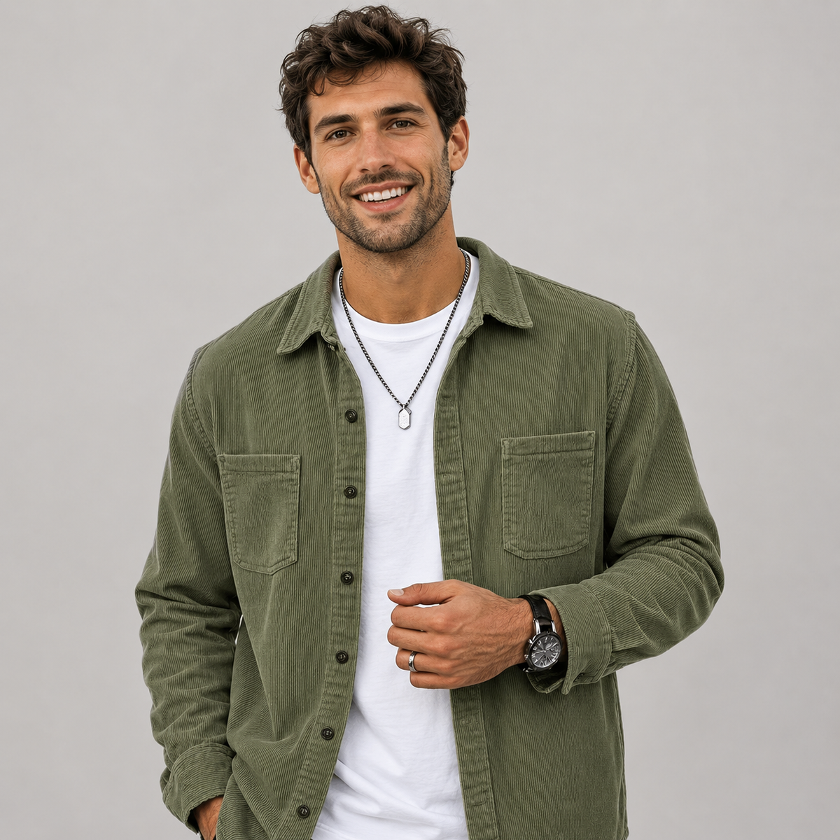 Men's Corduroy Shacket with Lapel Collar