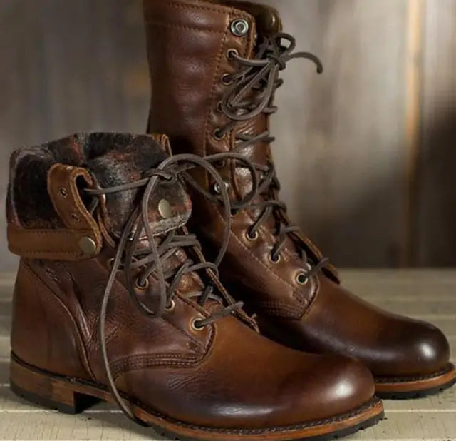 Men's Dark Brown Leather Lace-Up Combat Boots with Fold-Down Cuff