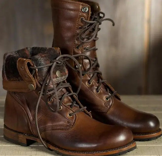 Men's Dark Brown Leather Lace-Up Combat Boots with Fold-Down Cuff