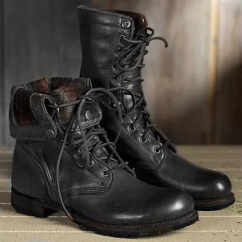 Men's Dark Brown Leather Lace-Up Combat Boots with Fold-Down Cuff