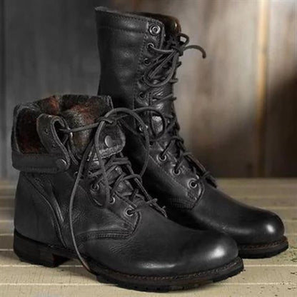 Men's Dark Brown Leather Lace-Up Combat Boots with Fold-Down Cuff