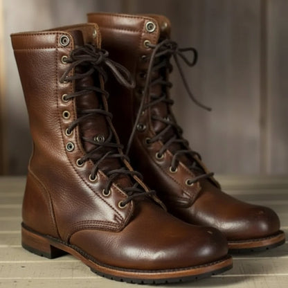 Men's Dark Brown Leather Lace-Up Combat Boots with Fold-Down Cuff