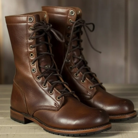 Men's Dark Brown Leather Lace-Up Combat Boots with Fold-Down Cuff