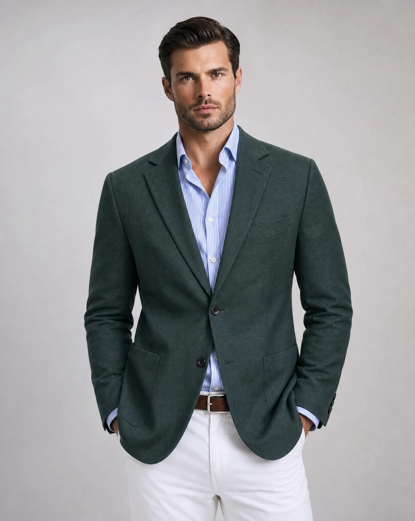 Men's dark green knit blazer with notch lapel, tailored fit, chest pocket and versatile smart-casual styling by ILYNORA