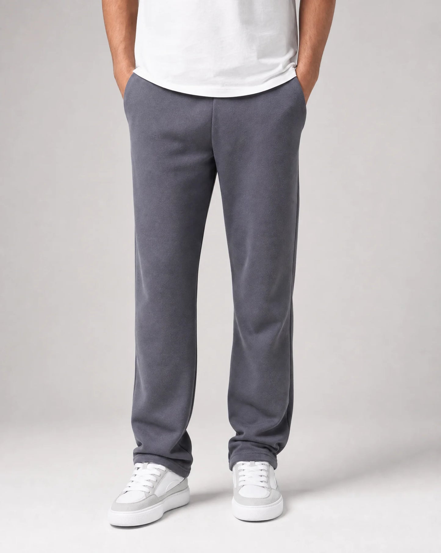 Men's dark grey relaxed fit open hem joggers with brushed fleece cotton, elastic waistband and concealed pockets by ILYNORA