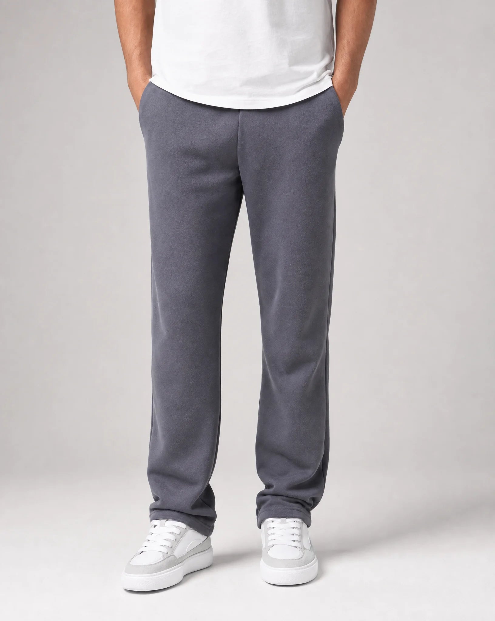 Men's dark grey relaxed fit open hem joggers with brushed fleece cotton, elastic waistband and concealed pockets by ILYNORA