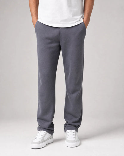 Men's dark grey relaxed fit open hem joggers with brushed fleece cotton, elastic waistband and concealed pockets by ILYNORA