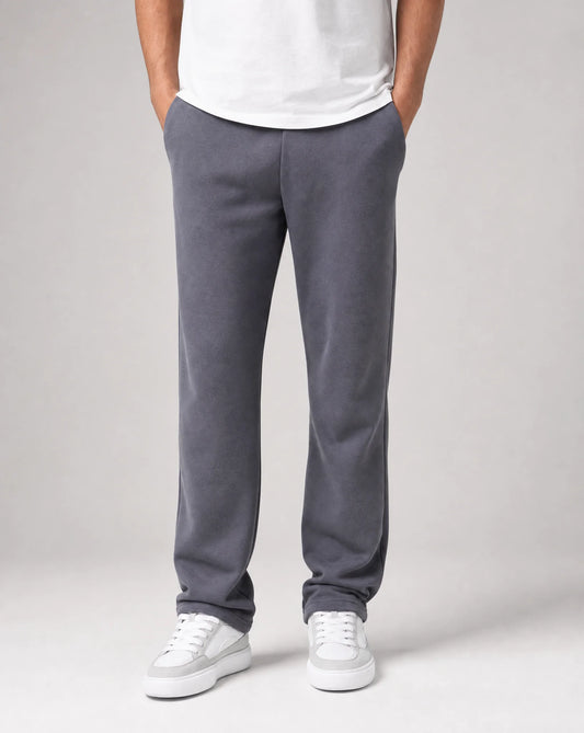 Men's dark grey relaxed fit open hem joggers with brushed fleece cotton, elastic waistband and concealed pockets by ILYNORA