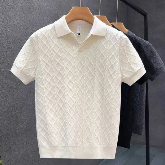 Men's Diamond Cable-Knit Short-Sleeve Cotton Polo Shirt
