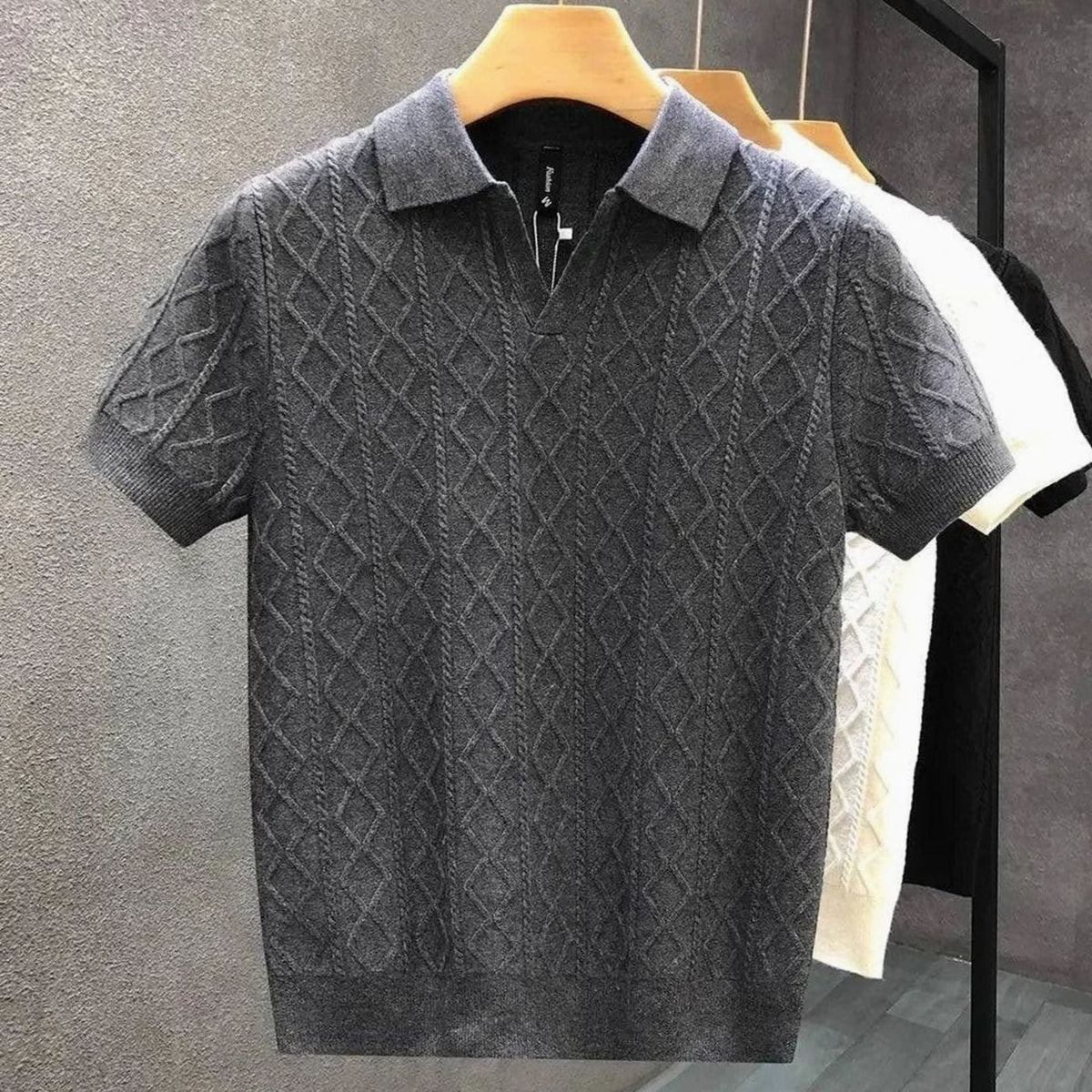 Men's Diamond Cable-Knit Short-Sleeve Cotton Polo Shirt