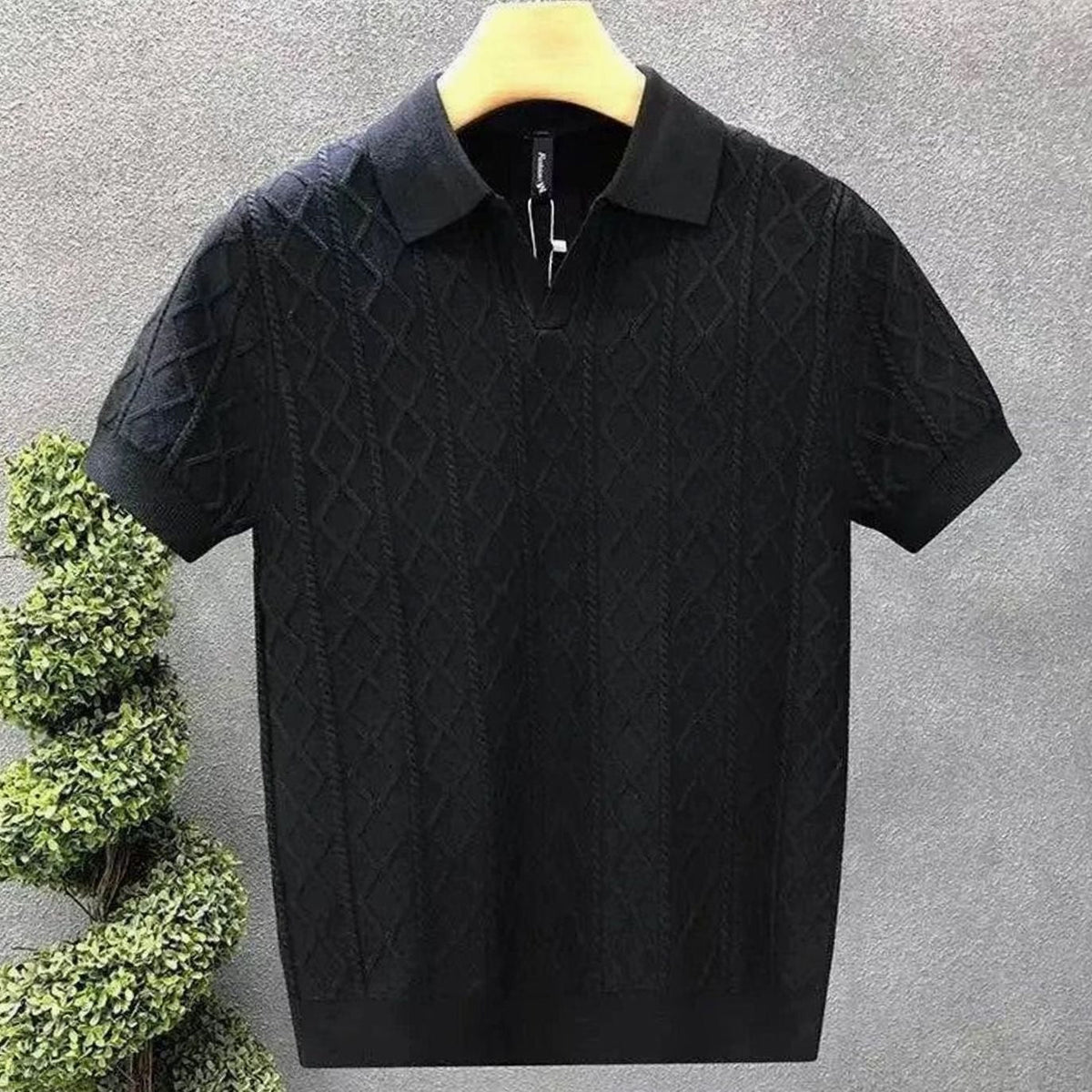 Men's Diamond Cable-Knit Short-Sleeve Cotton Polo Shirt